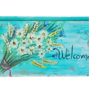Χειροποίητη Ξύλινη Πινακίδα «Welcome» σε Τυρκουάζ Φόντο με Μαργαρίτες